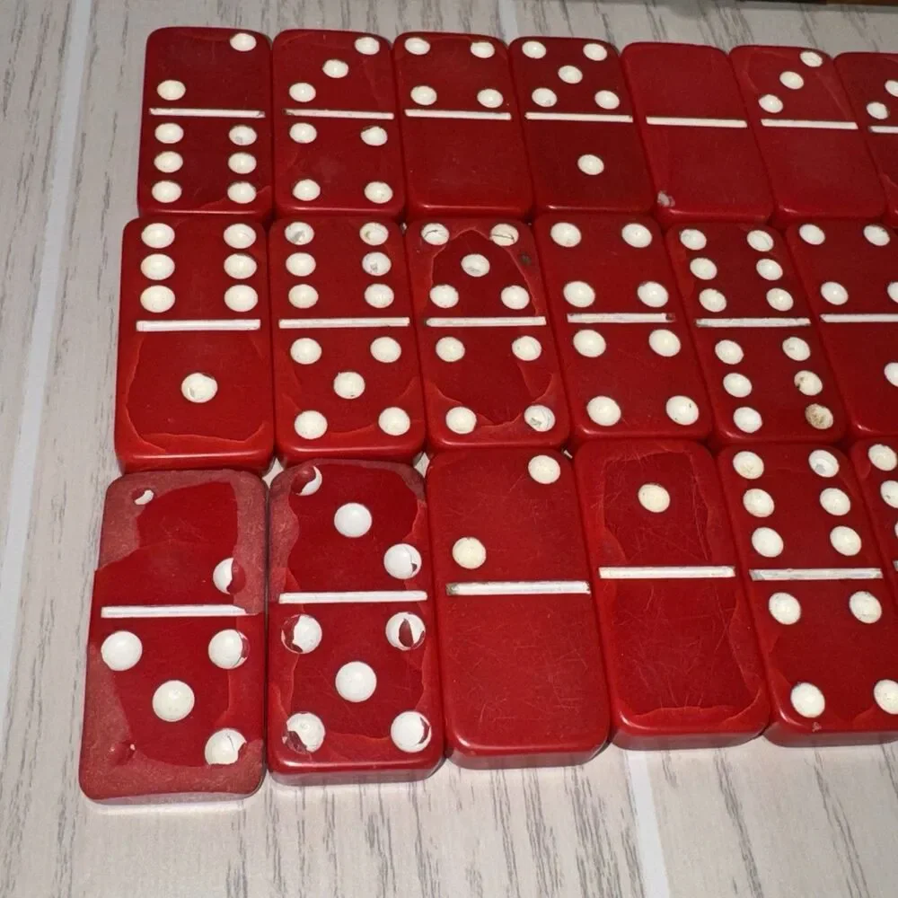 Vintage Red Dominoes Tile Game Set w/ Vinyl Wooden Case, Dot Numbered Pieces
